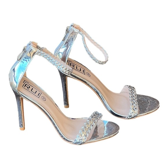 RUI Silver Metallic Woven Stiletto Heels Halo Strap Braided Open-Toe 38 - Picture 1 of 8